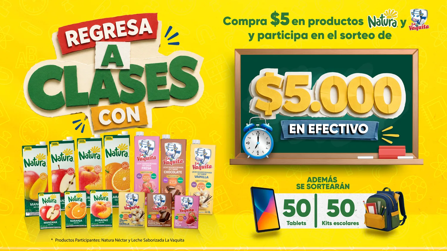 Arte oficial: Regresa a Clases con Natura y La Vaquita — premio mayor $5.000 en efectivo, 50 tablets y 50 kits escolares
